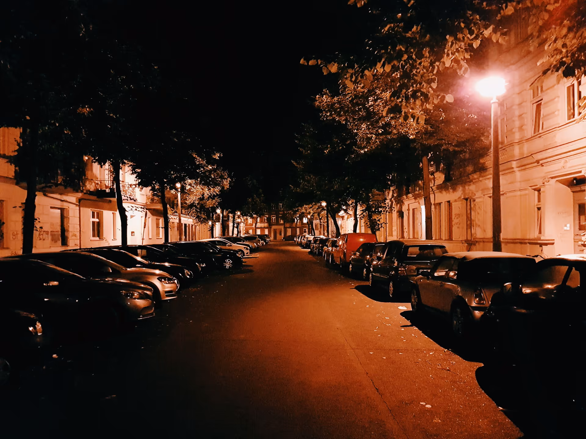 Carros estacionados de noche en una calle arbolada de la ciudad