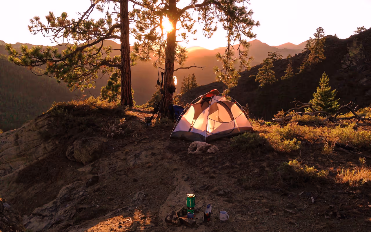 A tent among trees in forested mountains at sunrise